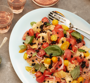 Panzanella salad with balsamic pearls